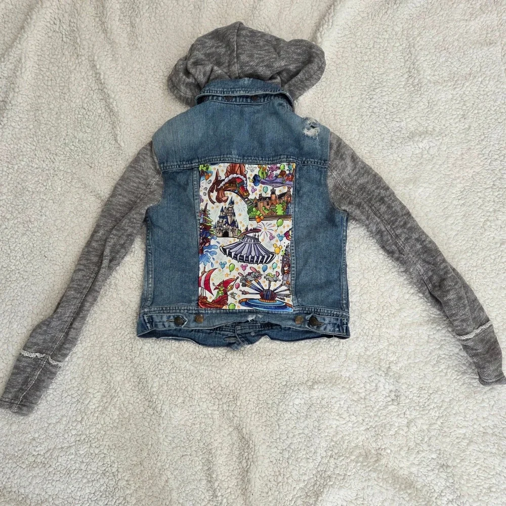 Free People Disney Patches Denim Hooded Jacket XS Jean Knit‎ Sleeve Unique - Picture 7 of 9